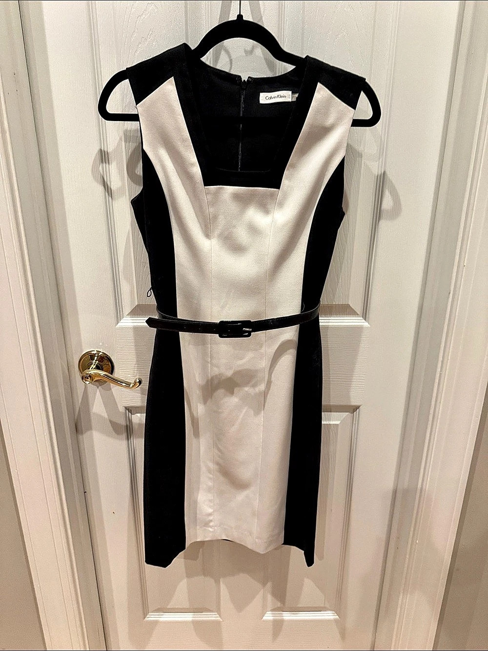Calvin Klein Colorblock Panel Belted Sheath Dress Black & White Size 4